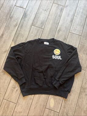 soulcycle vintage Black Crewneck Sweatshirt with Yellow Smiley Patch